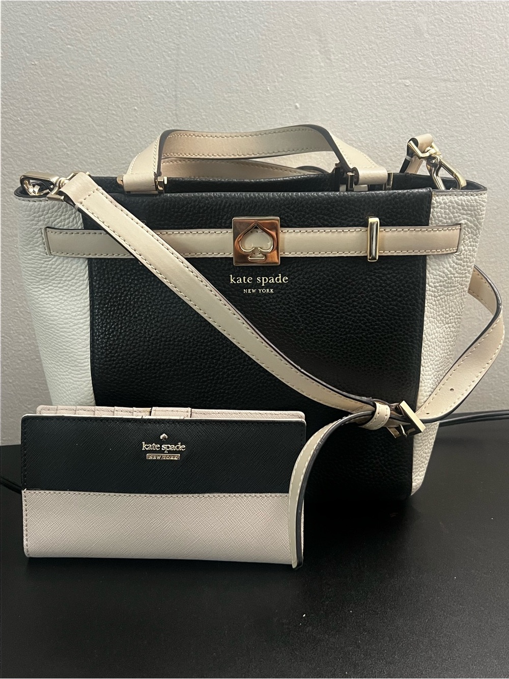 kate spade Black and Cream Leather Bi-Color Satchel with Matching Wallet